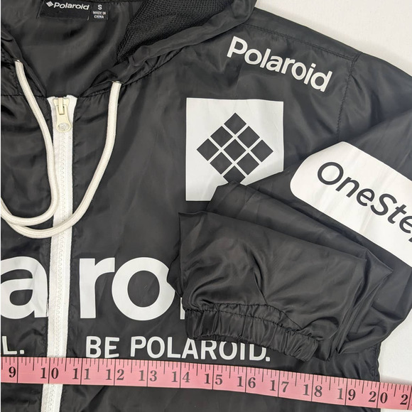 EUC Polaroid Womens Full Zip Hooded Windbreaker Black / Rainbow Print Logo Small - Picture 6 of 8